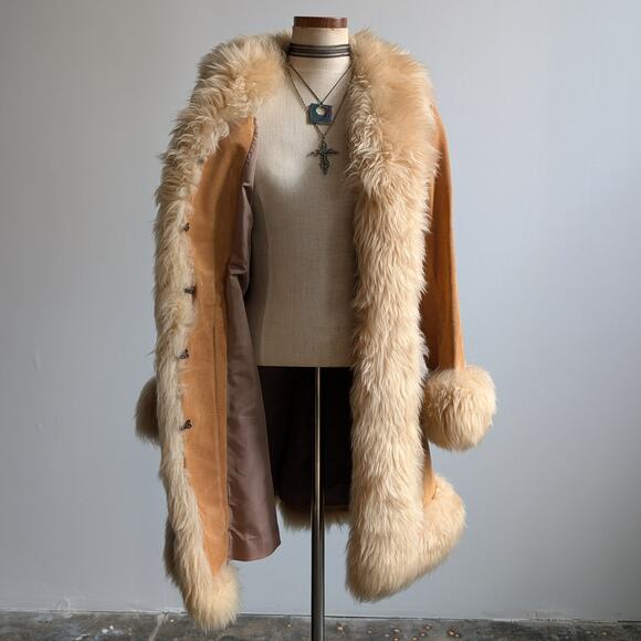 Vintage Tan Brown Suede Penny Lane Jacket Fur Furry Leather Trench Coat Small - Picture 11 of 13